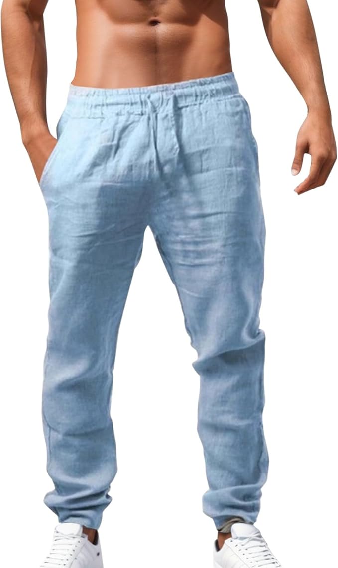 ZEE SAMPS ARTICLE #8023 Men's Casual Pants Cotton Linen Summer Beach Pants Men Cargo Long Trousers with Pockets Drawstring Elastic Trousers