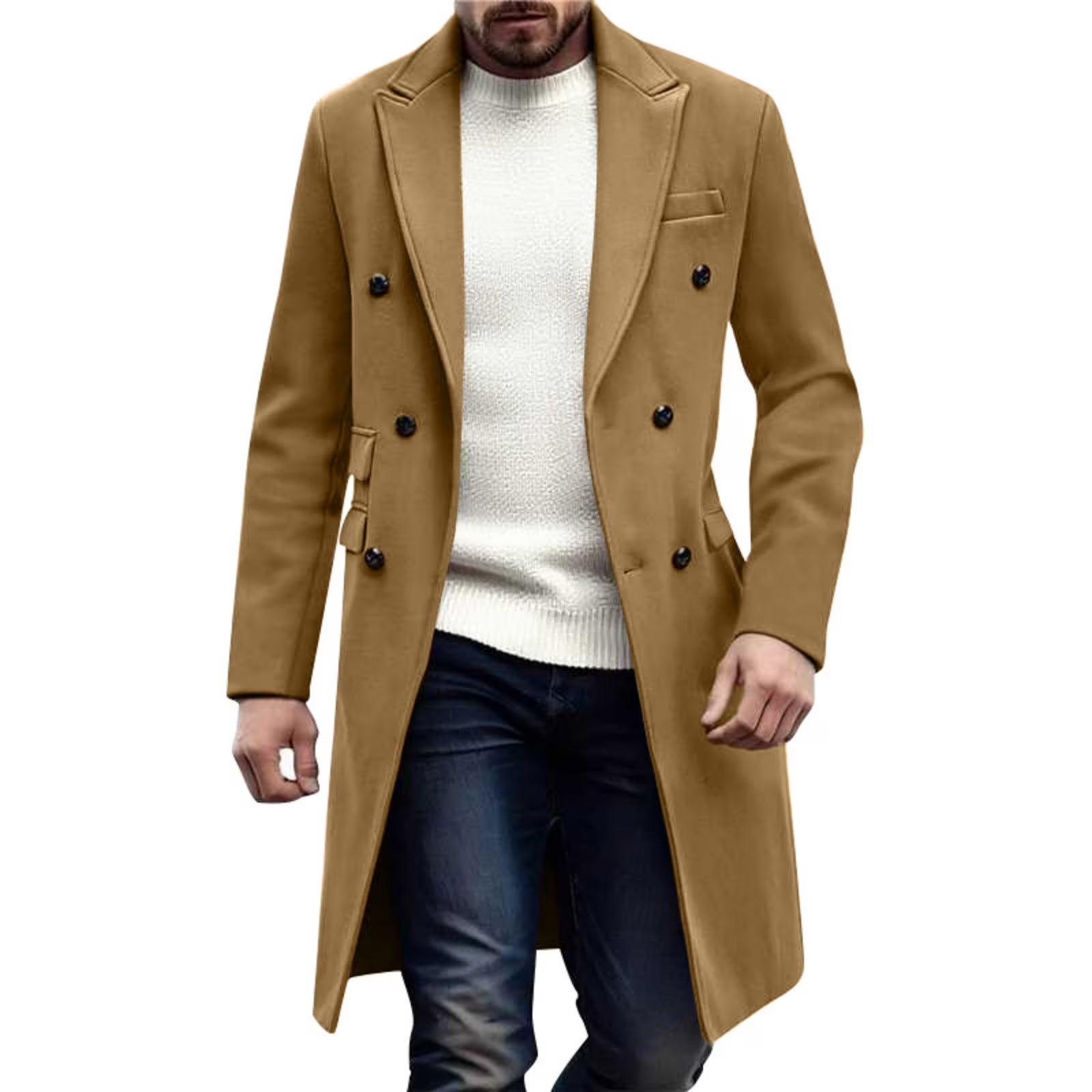 ZEE SAMPS ARTICE# 8044  Men's Double-Breasted Long Coat Notched Lapel Stylish Warm Outerwear for Formal & Casual Beige M